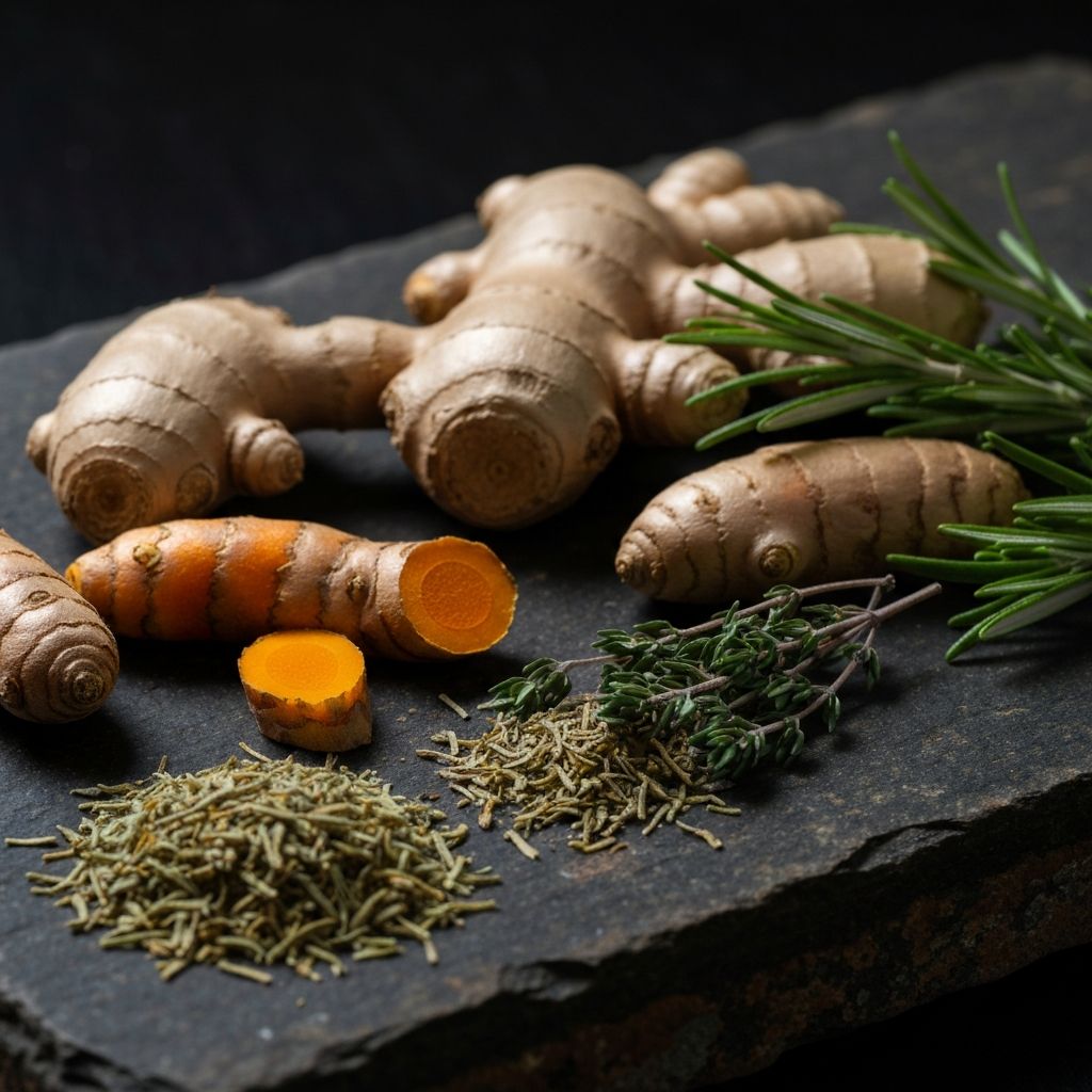 Fresh herbs and roots on dark surface